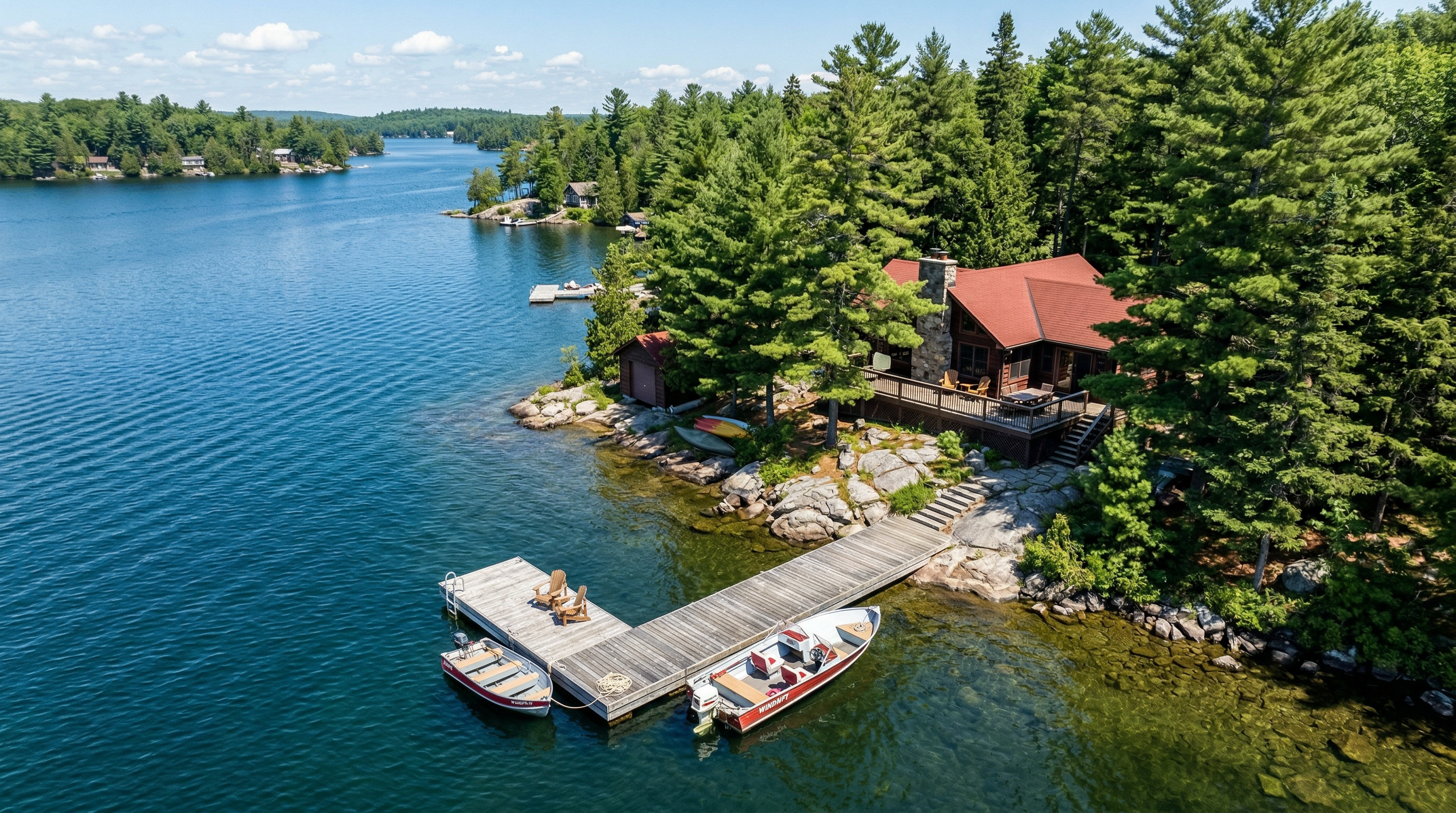 Aerial view of a classic Muskoka cottage with private dock on a pristine lake