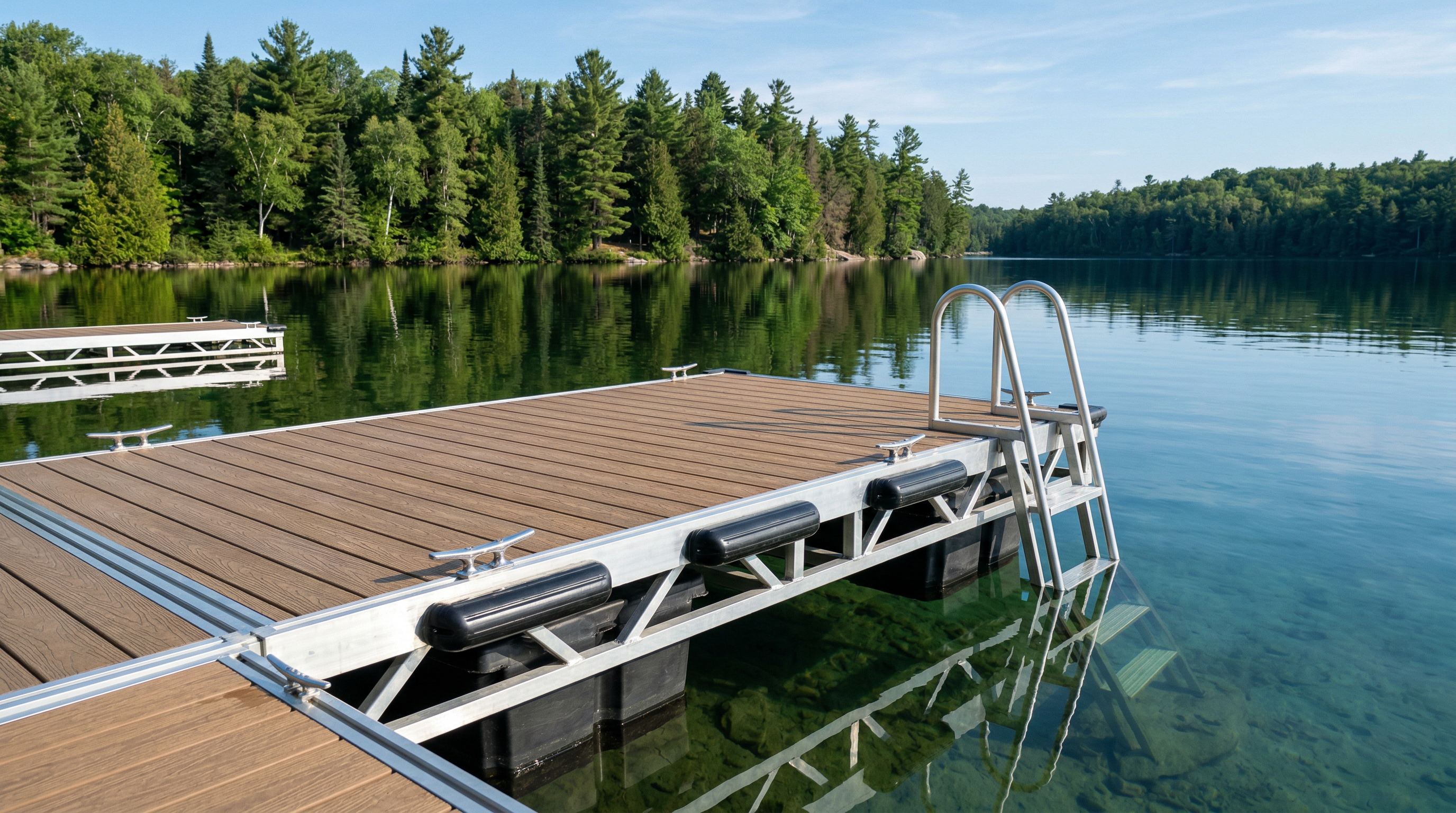 Brand new aluminum floating dock with composite decking on a pristine Muskoka lake